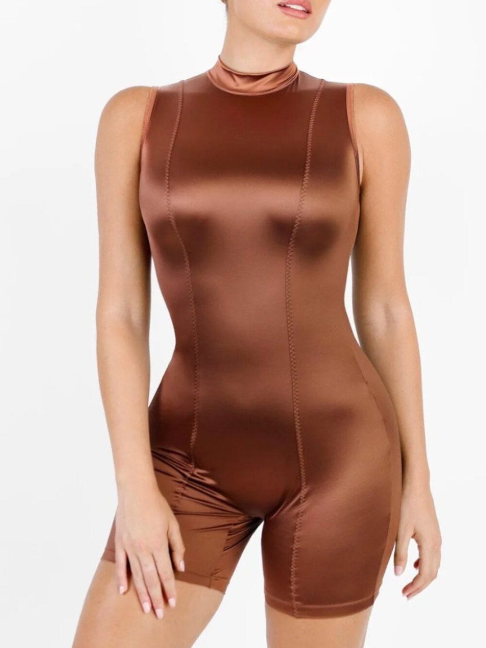 Popilush Shapewear Stretch Satin Mock Neck Sculpting Romper